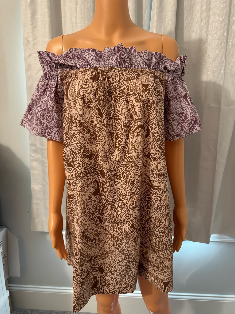 Adorable Free People size S brown purple print off shoulder Sophie dress pockets